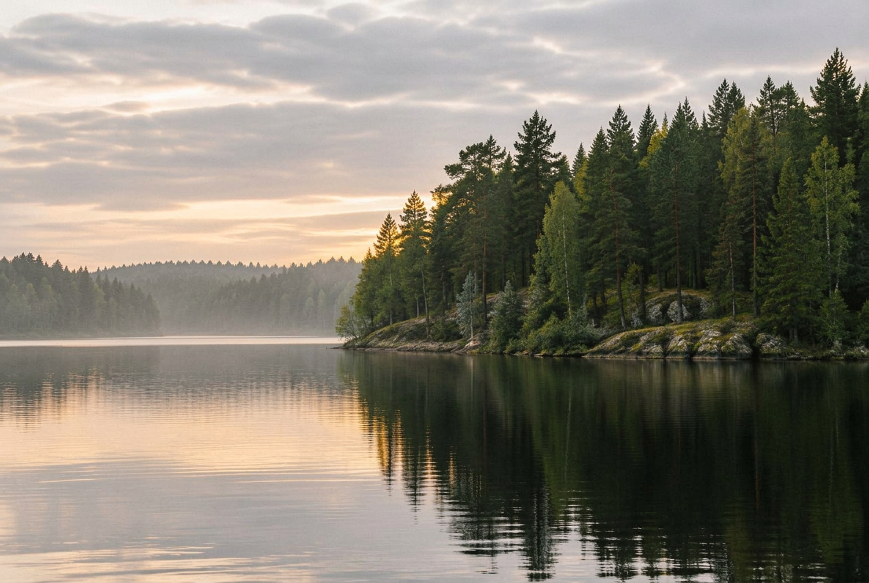 Skogsklädd sjö i Småland i mjukt dagsljus